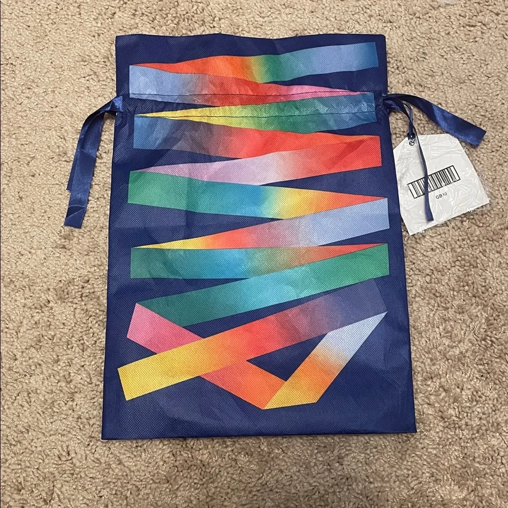 EUC Amazon Multicolor Reusable Gift Bag with Blue satin-like Drawstring Strap